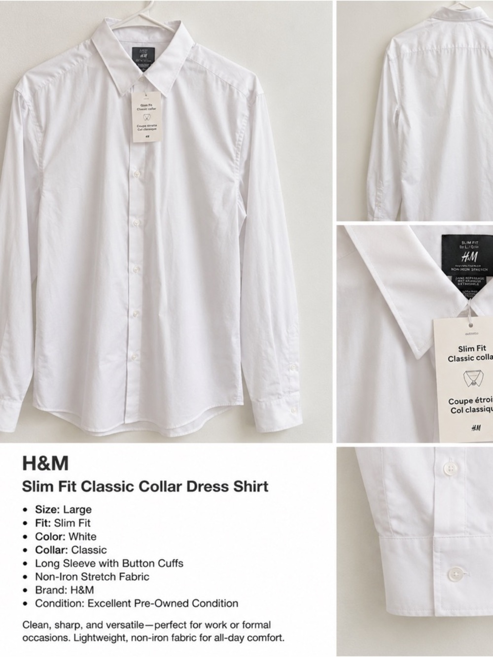 H&M White Slim Fit Classic Collar Dress Shirt